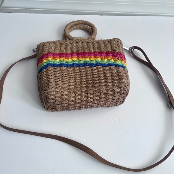 Handbags - Straw Woven Tote Bag Rainbow Stripe‎ Top Handle Crossbody Purse